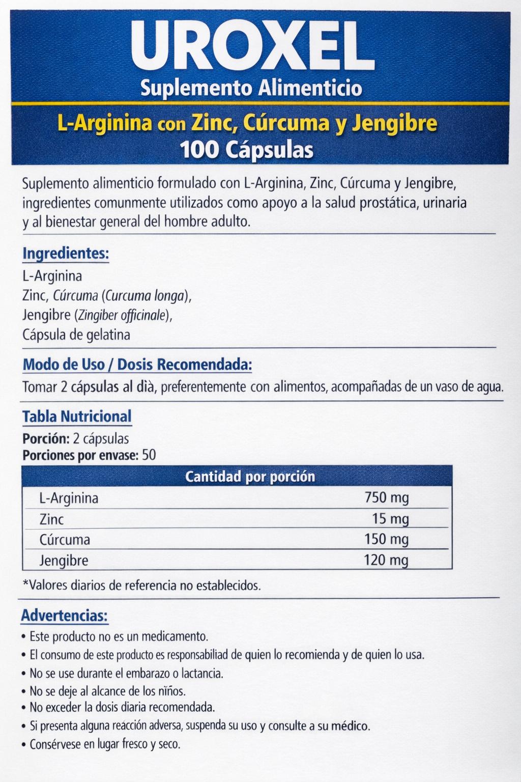 Uroxel L-arginina Apoyo Para Próstata Suplemento 100 Caps Sabor Sin Sabor - imagen 5